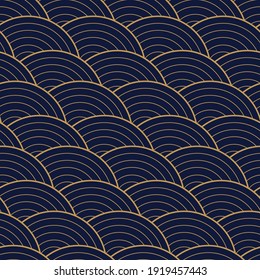 Patrón ininterrumpido oriental con contorno de olas doradas sobre fondo azul oscuro. Ilustración vectorial.
