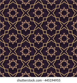 Oriental seamless pattern of purple and gold. Thin Gold Line in the Islamic style of ornament. Vector illustration