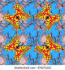 Oriental seamless pattern with red and pink flowers and yellow butterflies. Vector blue background.