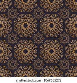 Oriental seamless pattern with round geometric shapes drawn with golden contour lines on black background. Arabic floral geometrical backdrop. Vector illustration for wrapping paper, fabric print.