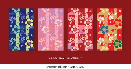 Oriental Seamless pattern set. Chinese new year flower background. Traditional pattern with blue, pink, red and gold colour. Japan kimono style. Asia old graphic. Bamboo and floral spring wallpaper. 
