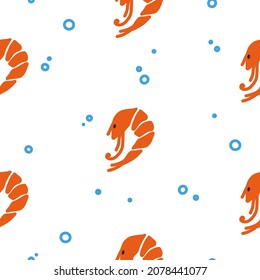 Oriental Seamless Pattern with Shrimp and Bubbles. Hand Drawn vector illustration in Doodle style. Modern trend design background.