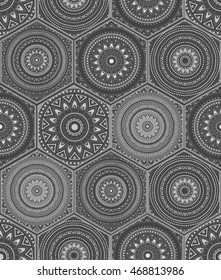 Oriental seamless pattern in style of colorful floral patchwork boho chic with mandala in hexagon elements
