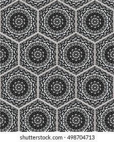 Oriental seamless pattern in style of colorful floral patchwork boho chic with mandala in hexagon elements