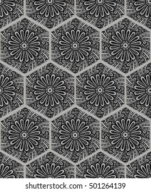 Oriental seamless pattern in style of colorful floral patchwork boho chic with mandala in hexagon elements