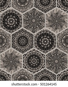Oriental seamless pattern in style of colorful floral patchwork boho chic with mandala in hexagon elements
