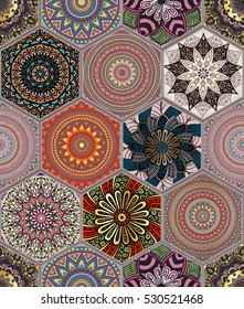 Oriental seamless pattern in style of colorful floral patchwork boho chic with mandala in hexagon elements