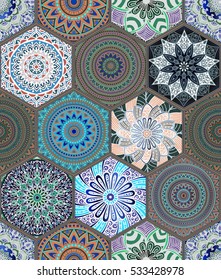 Oriental seamless pattern in style of colorful floral patchwork boho chic with mandala in hexagon elements