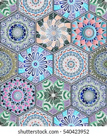 Oriental seamless pattern in style of colorful floral patchwork boho chic with mandala in hexagon elements