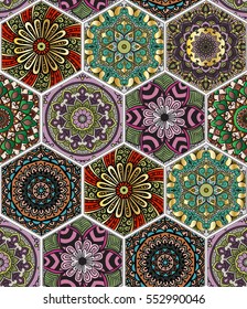 Oriental seamless pattern in style of colorful floral patchwork boho chic with mandala in hexagon elements