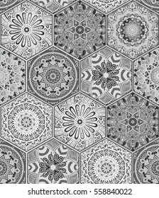 Oriental seamless pattern in style of colorful floral patchwork boho chic with mandala in hexagon elements