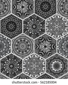 Oriental seamless pattern in style of colorful floral patchwork boho chic with mandala in hexagon elements