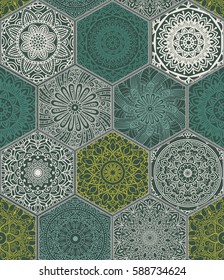 Oriental seamless pattern in style of colorful floral patchwork boho chic with mandala in hexagon elements