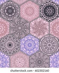 Oriental seamless pattern in style of colorful floral patchwork boho chic with mandala in hexagon elements