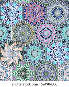 Oriental seamless pattern in style of colorful floral patchwork boho chic with mandala in hexagon elements