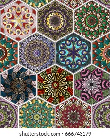 Oriental seamless pattern in style of colorful floral patchwork boho chic with mandala in hexagon elements