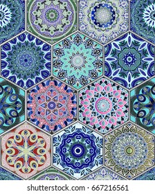 Oriental seamless pattern in style of colorful floral patchwork boho chic with mandala in hexagon elements