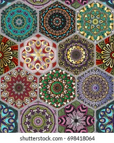 Oriental seamless pattern in style of colorful floral patchwork boho chic with mandala in hexagon elements
