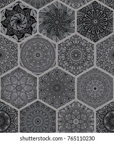 Oriental seamless pattern in style of colorful floral patchwork boho chic with mandala in hexagon elements