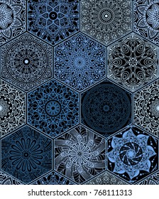 Oriental seamless pattern in style of colorful floral patchwork boho chic with mandala in hexagon elements