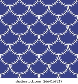 Oriental seamless pattern, Watercolor Scale Design, Blue Seigaiha Pattern with White Waves, damask ornament, arched print