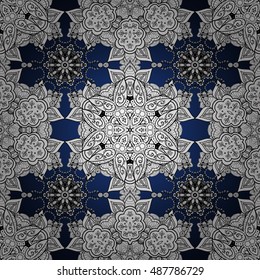 Oriental seamless pattern of white flowers and mandalas. Vector dark blue background.