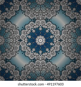 Oriental seamless pattern of white flowers and mandalas. Vector blue round background.