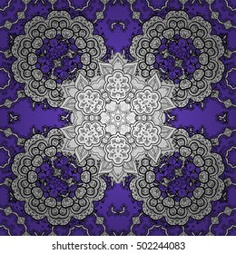 Oriental seamless pattern of white flowers and mandalas. Vector blue background.