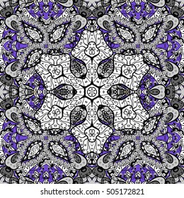 Oriental seamless pattern of white flowers and mandalas. Vector blue background.