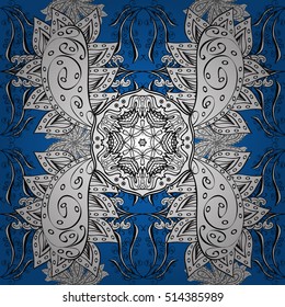 Oriental seamless pattern of white flowers and mandalas. Vector blue background.