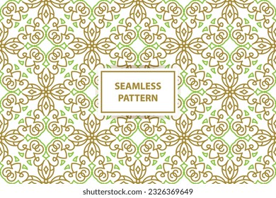 patrón oriental sin costuras. Fondo blanco, verde y dorado con adorno árabe. Patrón, fondo y fondo de pantalla para su diseño. Ornamento textil. Ilustración vectorial.