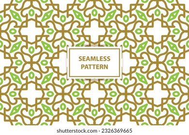 patrón oriental sin costuras. Fondo blanco, verde y dorado con adorno árabe. Patrón, fondo y fondo de pantalla para su diseño. Ornamento textil. Ilustración vectorial.