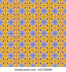 Oriental seamless pattern in yellow, blue, pink and purple colors. Colorful eastern ornament. Vector abstract background.