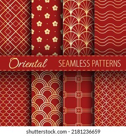 Oriental seamless patterns collection. Vector traditional asian gold ornaments on red background. Best for textile, wrapping paper, package and home decoration.