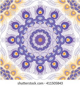 Oriental seamless round pattern with peacock feathers. Vector background.