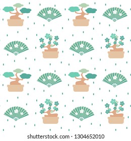 oriental seamless vector pattern background illustration with bonsai trees, confetti and fans