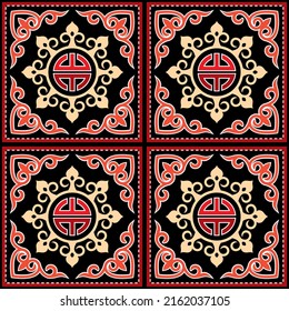 Oriental seamless vector pattern inspired by Monogolian folk art with swirls, traditional textile or fabric print design in red on black background. 
Retro retro wallpaper ornament from Mongolia