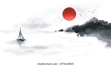 Oriental seascape with fishing sailboat, big red sun and rocky coast with trees. Traditional oriental ink painting sumi-e, u-sin, go-hua. 