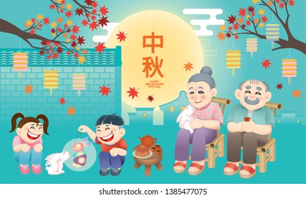 Oriental senior couple celebrating Mid Autumn Festival with their grand children. Chinese word means happy Mid Autumn Festival.