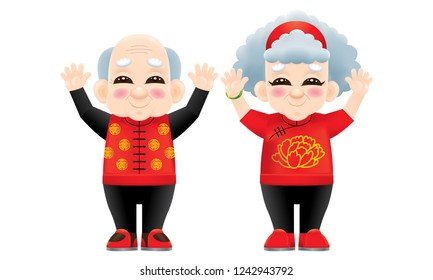 An oriental senior couple raised their hands. Isolated.