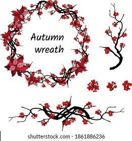 Oriental set of branches and red flowers on a white background. Vector illustration of plum, corallodendron and poinsettia, floral wreath and ornament.