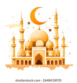 An oriental silhouette of a mosque against a bright watercolor sunset with a large moon. The illustration combines traditional architecture of minarets and domes with expressive colors against a light