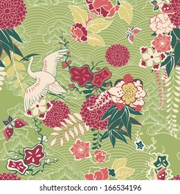 Oriental silk pattern with crane and flowers vector illustration