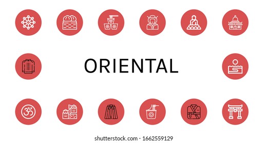 oriental simple icons set. Contains such icons as Buddhism, Dumpling, Noodles, Geisha, Buddha, Temple, Om, Great wall of china, Kimono, Instant noodles, can be used for web, mobile and logo