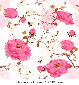 Oriental Soft and gentle bloom Vector seamless floral pattern. Japanese national flower peony and cherry bloosom .design for textiles, paper, wallpaper, fashion