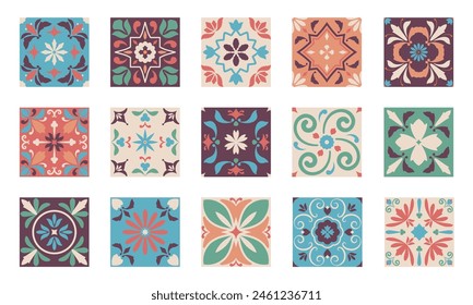 Ornamentos cuadrados orientales. Patrón sin costura de azulejos de mosaico árabe tradicional, Elementos geométricos decorativos para el diseño de envoltura. Textura de Vector. Patchwork floral, textil colorido