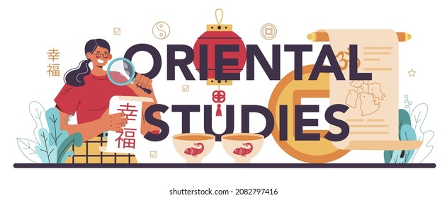 Oriental studies typographic header. Professional scientist researching near and far Eastern ancient and modern society and culture. African and Asian countries studying. Vector illustration