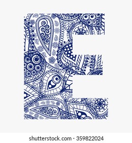 Oriental style alphabet. Letter E with floral ornament. Vector