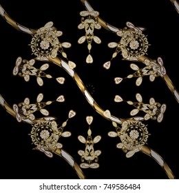 Oriental style arabesques. Black, brown and white colors with gold elements. Vector illustration. Vector golden pattern. Seamless golden textured curls.