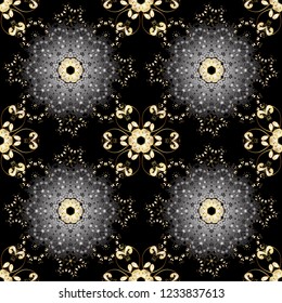 Oriental style arabesques. Black colors with gold elements. Seamless golden textured curls. Vector golden pattern. Vector illustration.